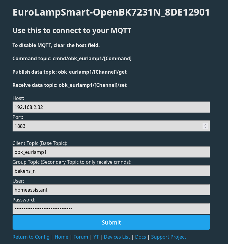 MQTT Credentials page