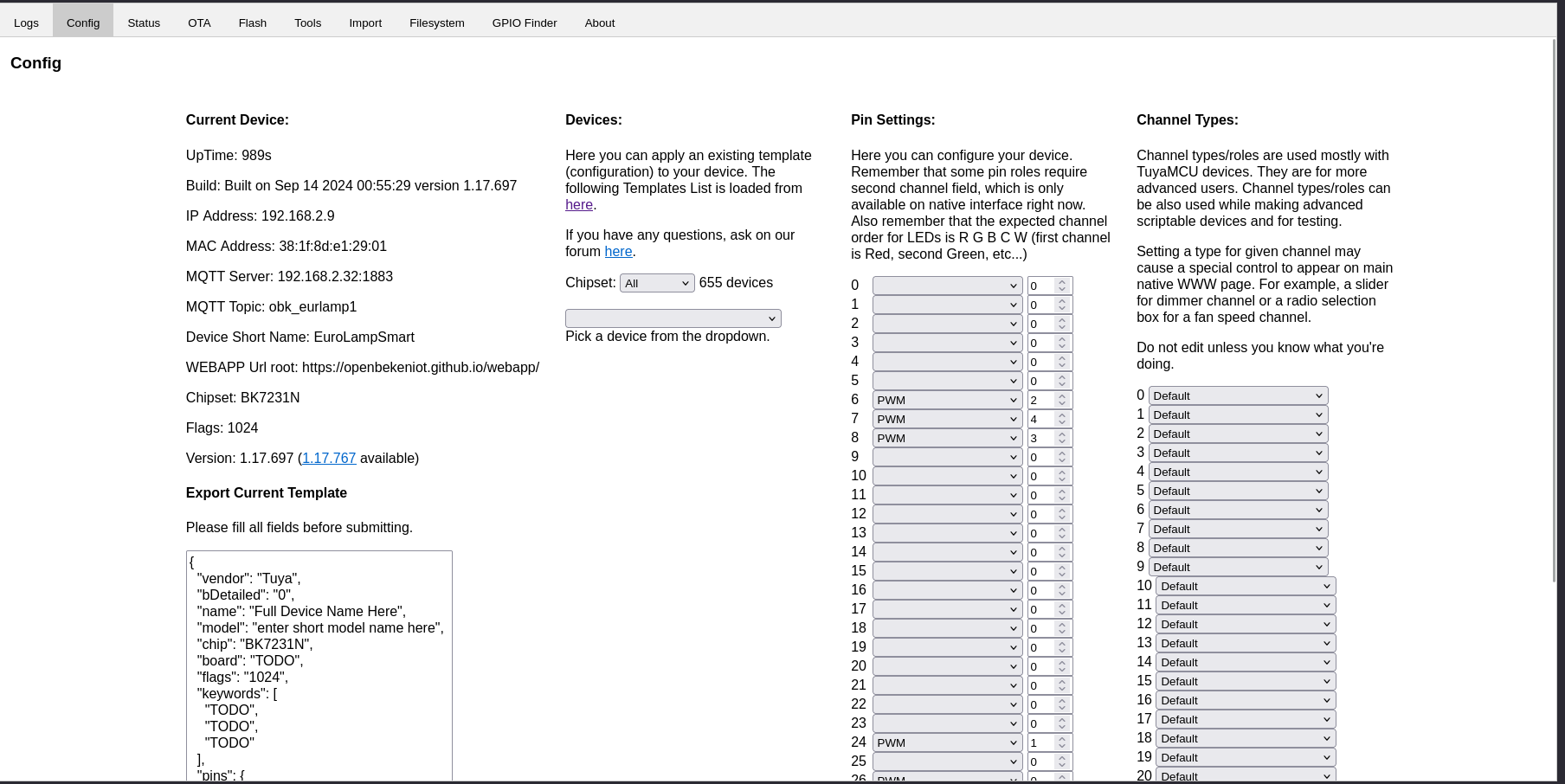 OpenBeken web application homepage