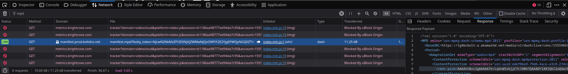 The mpd file contents on the Network tab